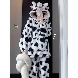 Women's Cute Cow Plush Pajama Set, Thickened Fabric, Long Sleeve Hoodie with Pockets Loungewear Pants Winter Nightwear