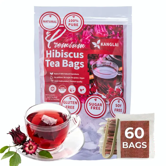 60 Count Natural Hibiscus Flowers Herbal Tea, Caffeine Free, Promotes clear skin from within,Refreshing Tart Flavor, Sugar balance lifestyle tea