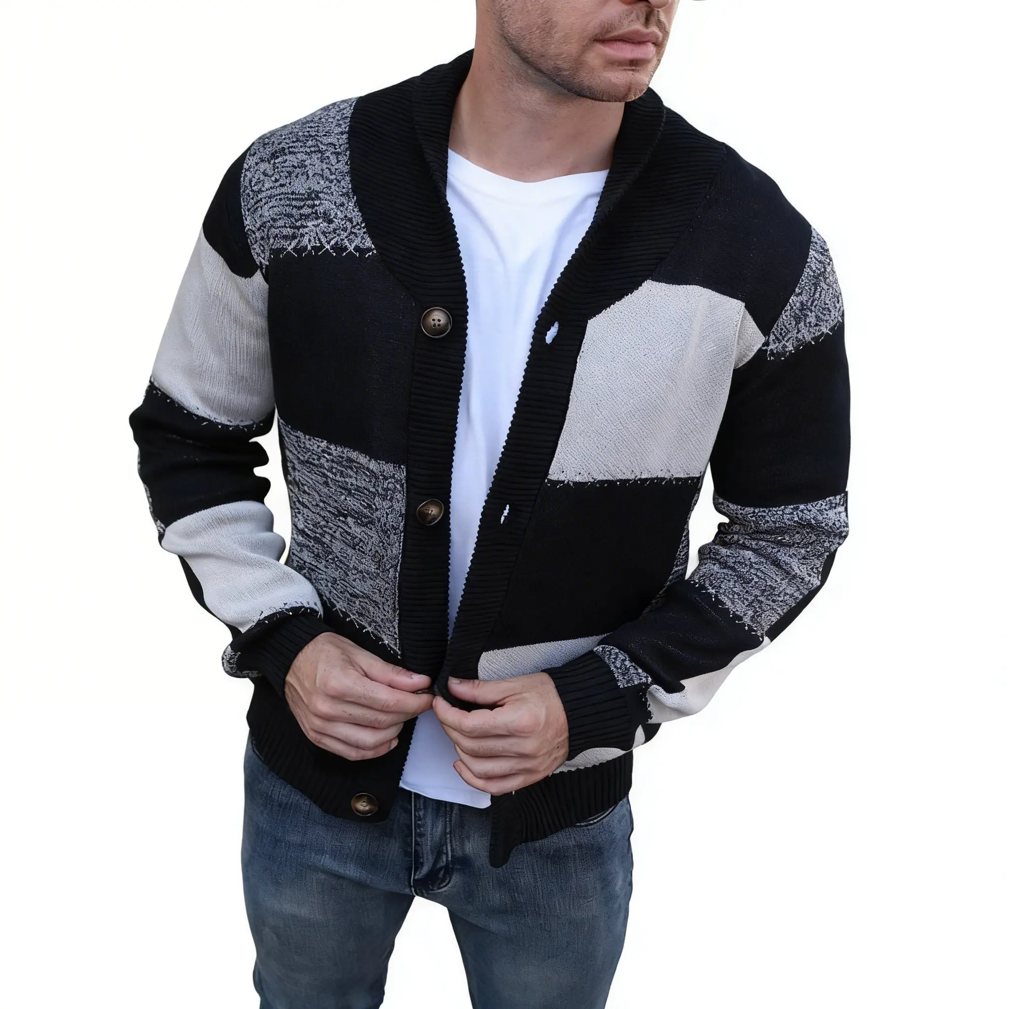 Men's Patchwork Cardigan Tops, Casual Chic Menswear Knitwear with a Shawl Collar and Button-Front Closure, Breathable, Cardigans, Fitted