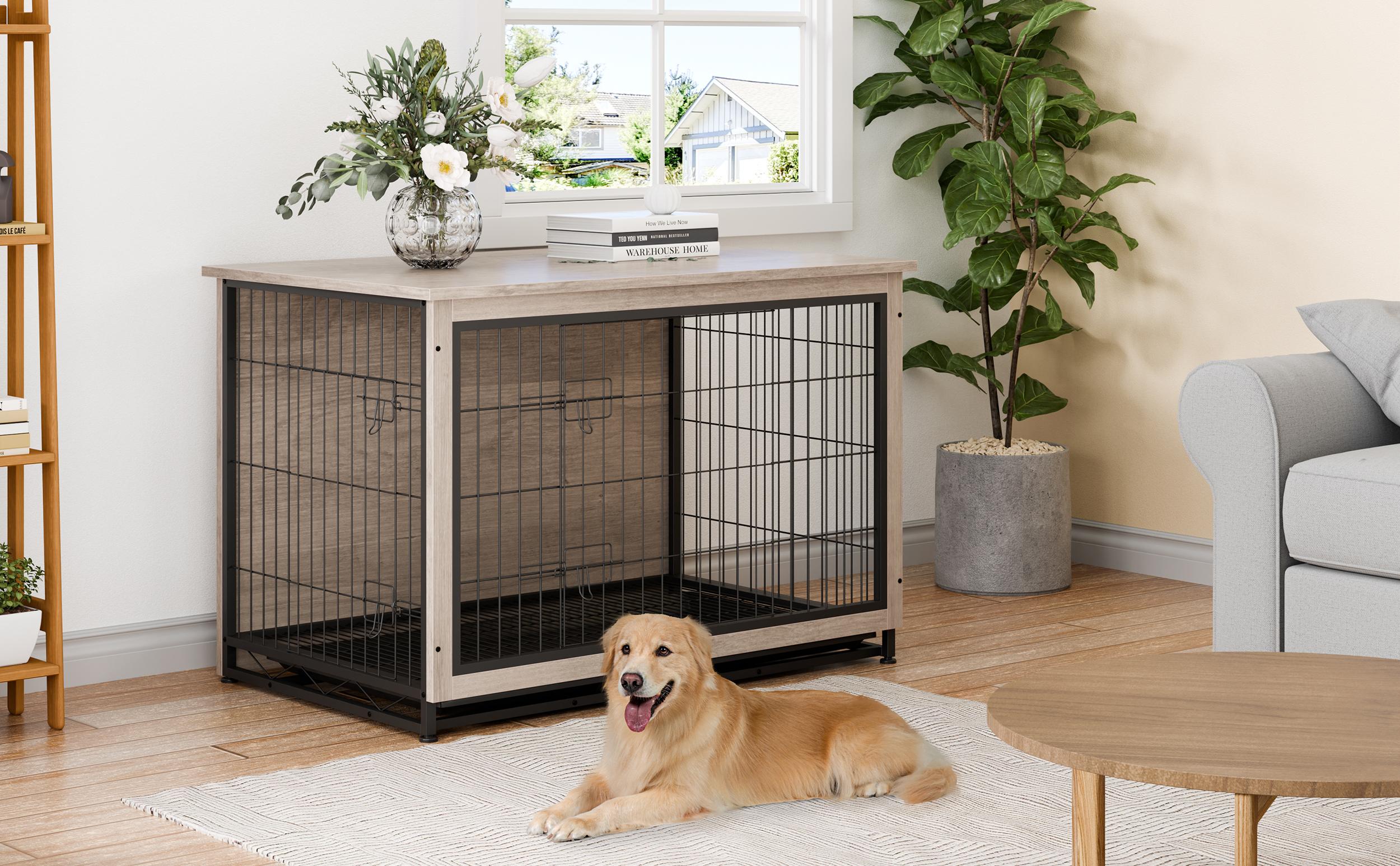 Walsunny Wooden Dog Crate Cat Crate Furniture, Visible Double Doors Cage, Pet Bed for Dog and Cat Use, High-Density Fiberboard with Prevention