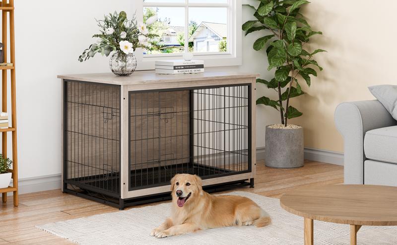 Walsunny Wooden Dog Crate Cat Crate Furniture, Visible Double Doors Cage, Pet Bed for Dog and Cat Use, High-Density Fiberboard with Prevention