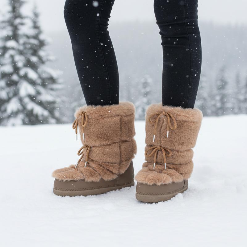 Faux Fur Snow Mid Calf Boots for Women Round Toe Wedge Heel Lace Up Fur Lined Fuzzy Fluffy Furry Warm Fashon Party Dress Valentine Shoes Trendy Boots gift for her