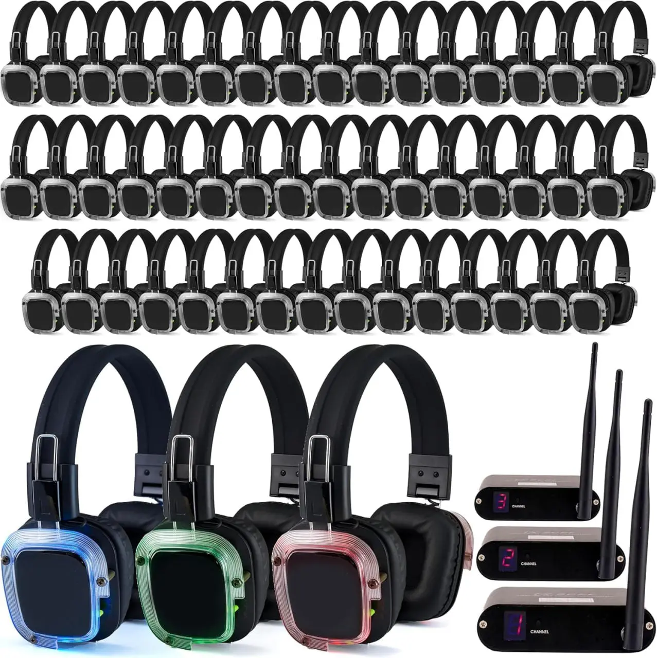 Silent Disco in a Box – 50 LED Wireless Headphones + 3-Channel Transmitters