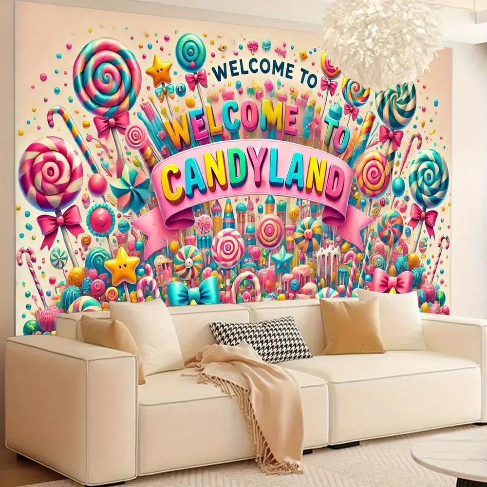 1pc White 2D Flat Welcome Banner - Durable Polyester Candy-Themed Textiles Decor - Ideal for Weddings, Birthdays (Indoors Use for Living Rooms, Gardens), Wedding, Party Backdrop, Sweet