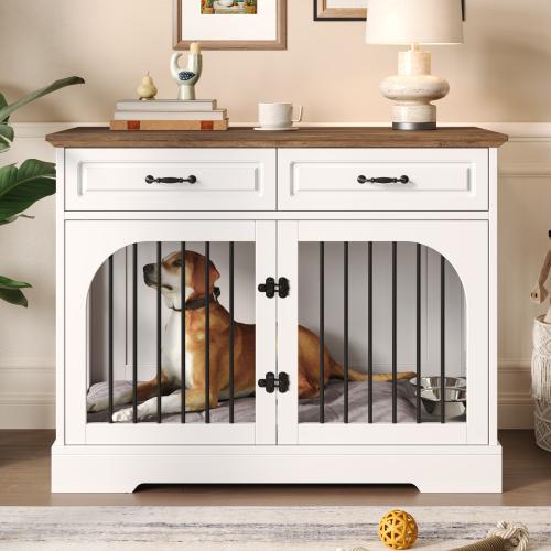 【Bellemave】43.3" Farmhouse Dog Crate Furniture, Wooden Dog Kennel with 2 Storage Drawers and Rotating Food Bowls, Secure Metal Bar Crate for Lage & Medium Dogs, Indoor Dog Crate Side Table, White and Brown