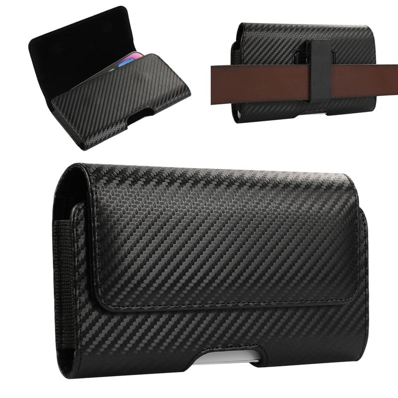 Cell Phone PU Leather Holster Carbon Fiber Texture 360°Rotating Belt Clip Magnet Pouch Man Waist Bag Carrying Perfect For Outdoor Daily Use