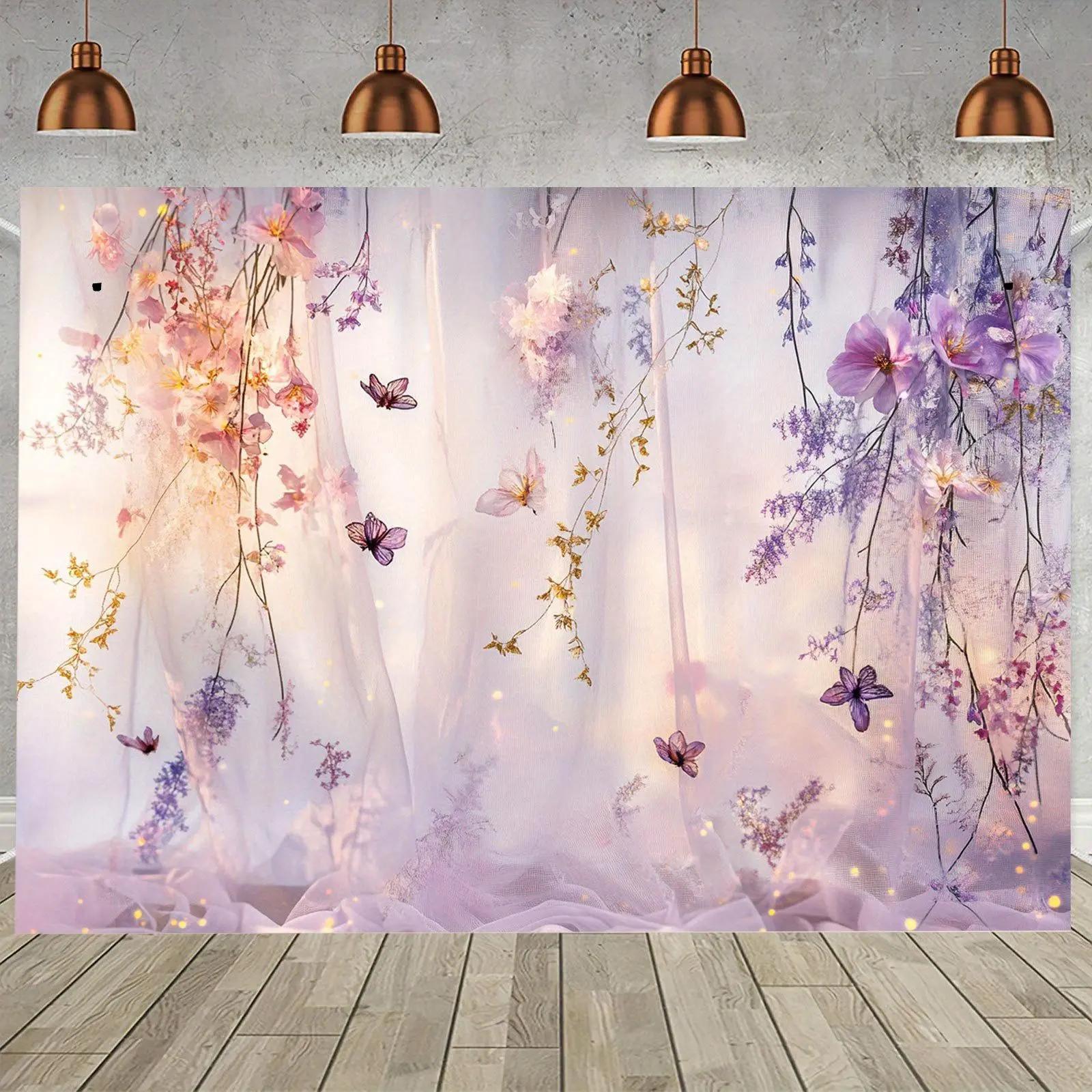 1pc Large Modern Dreamy Garden Floral Party Banner - Pastel Lavender & Pink Flowers, Golden Butterflies, Stain-Resistant Polyester Textile Backdrop, No Electricity Needed, Wedding Decor, Festival Party Supplies, Indoor/Outdoor Use