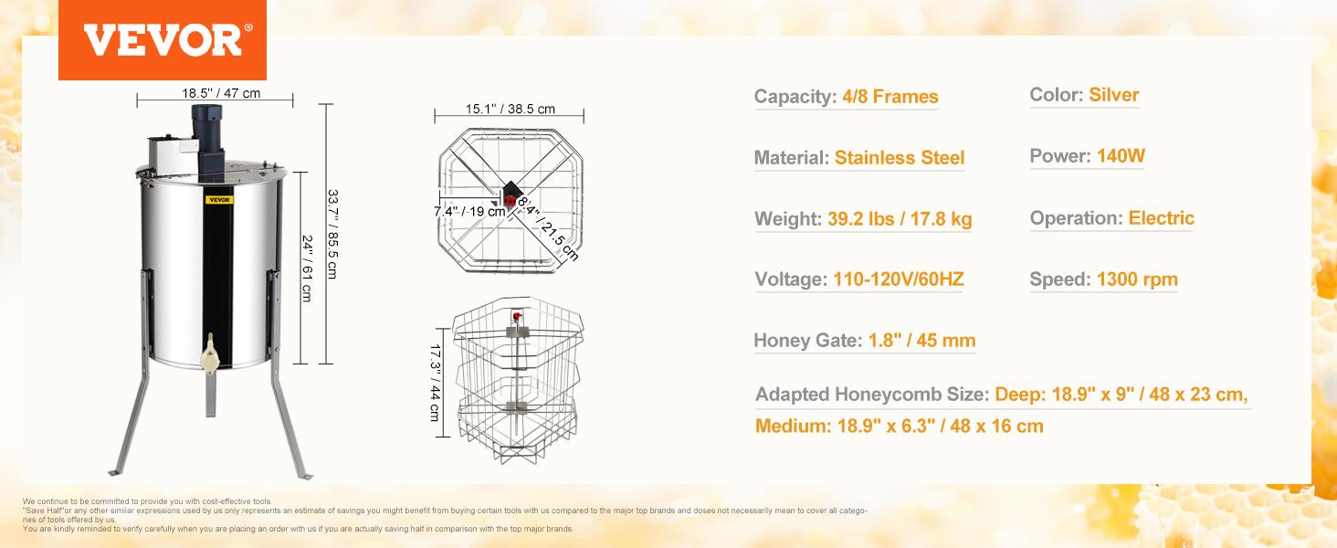 VEVOR Electric Honey Extractor, TikTokShopBlackFriday, 4/8 Frames Honey Spinner Extractor, Stainless Steel Beekeeping Extraction, Apiary Centrifuge Equipment with Height Adjustable Stand, Honeycomb Drum Spinner with Lid