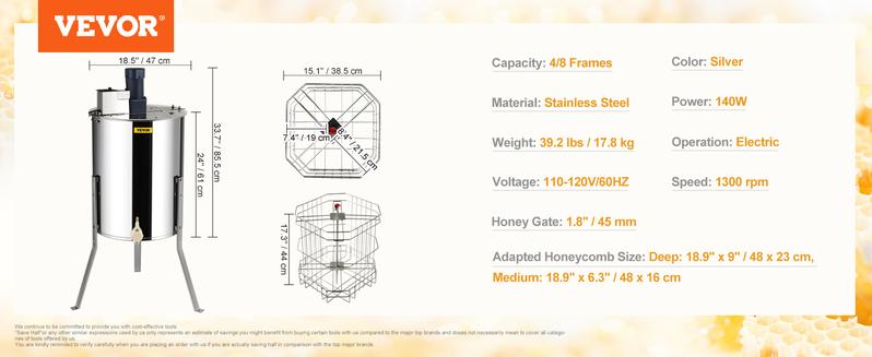 VEVOR Electric Honey Extractor, TikTokShopBlackFriday, 4/8 Frames Honey Spinner Extractor, Stainless Steel Beekeeping Extraction, Apiary Centrifuge Equipment with Height Adjustable Stand, Honeycomb Drum Spinner with Lid