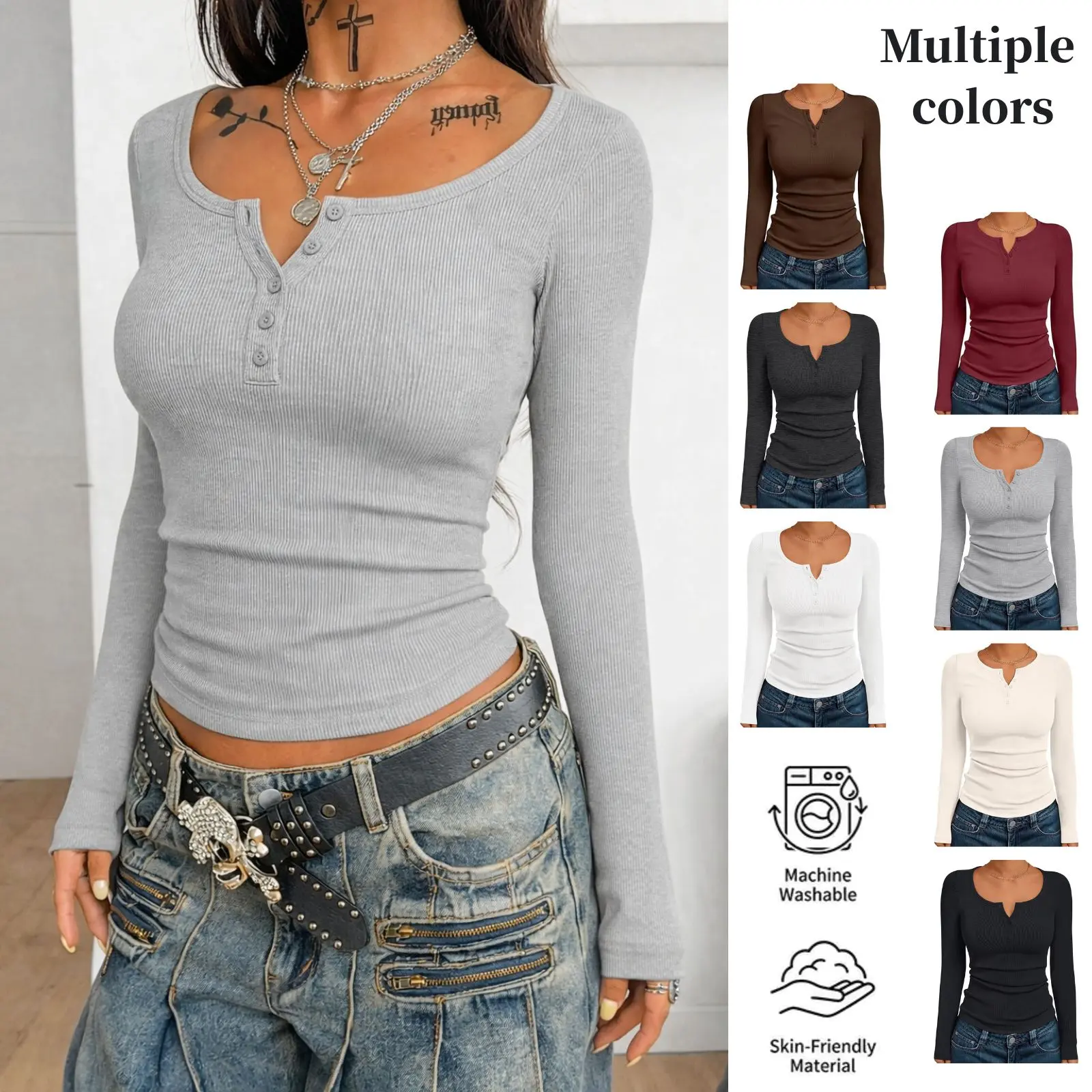 Women's solid-color slim-fit cropped long-sleeve T-shirt with button front, layering top