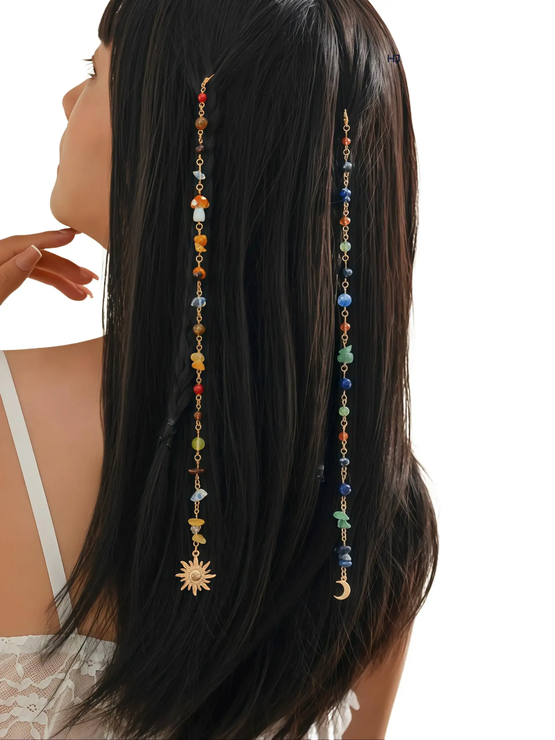 Boho Natural Crystal Bead Hair Tassel Clips Dangle Butterfly Moon Sun Charm Hair Rings Multicolor Irregular Stone Braided Hair Accessories Hippie Festival Party Dreadlock Hair Pendants for Women Girls