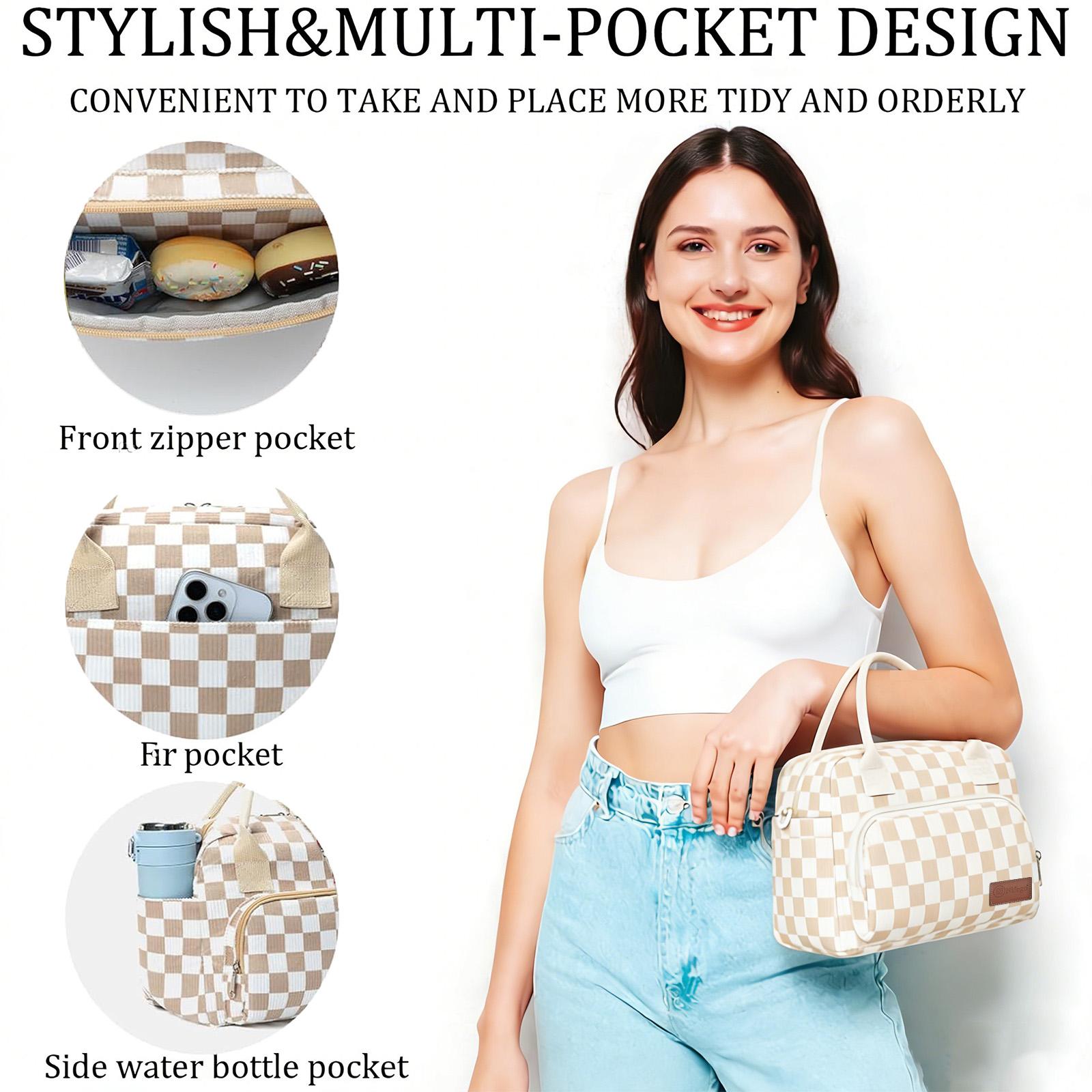 Lunch Box for Women Insulated Lunch Bag Cute Corduroy Lunch Tote Bags Lightweight Reusable Leakproof Cooler Bag with Adjustable Shoulder Strap for Work Office Travel Picnic (Checkered)