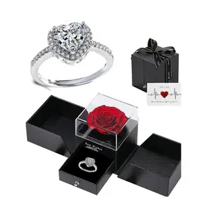 Women's Elegant Rhinestone Decor Promise Ring As Perfect Valentine's Day Gift for Girlfriend, Trendy Exquisite Heart Shaped Engagement Ring, Chic Gorgeous Jewelry with Rose Gift Box, Valentine's Day, Love Gift for Her