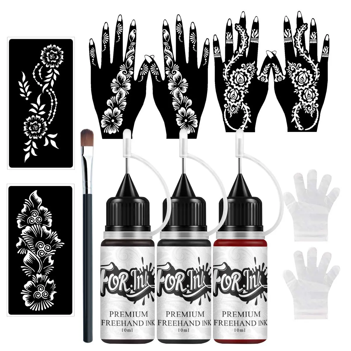 Temporary Tattoo Ink Set, 3 Bottles of Hand-Draw Tattoo Ink and 6 Hollow Template Stickers, Henna Stencils Body Makeup, Leg Makeup for Body Art, Parties, Halloween, Graduation and Beach Vacations, Temporary Body Paint, Face Body Makeup