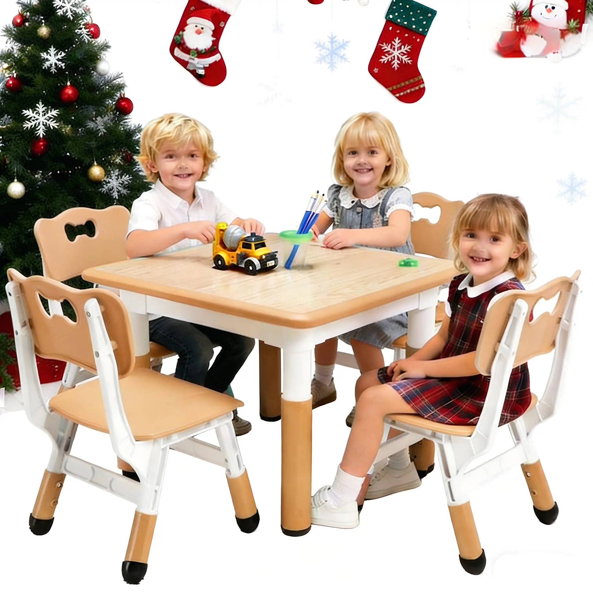 Modern Kids Table and 4 Chair Set - 23" Height Adjustable Toddler Table with Non-Slip Legs & Organizer Graffiti Desktop for Kindergarten/Living Room