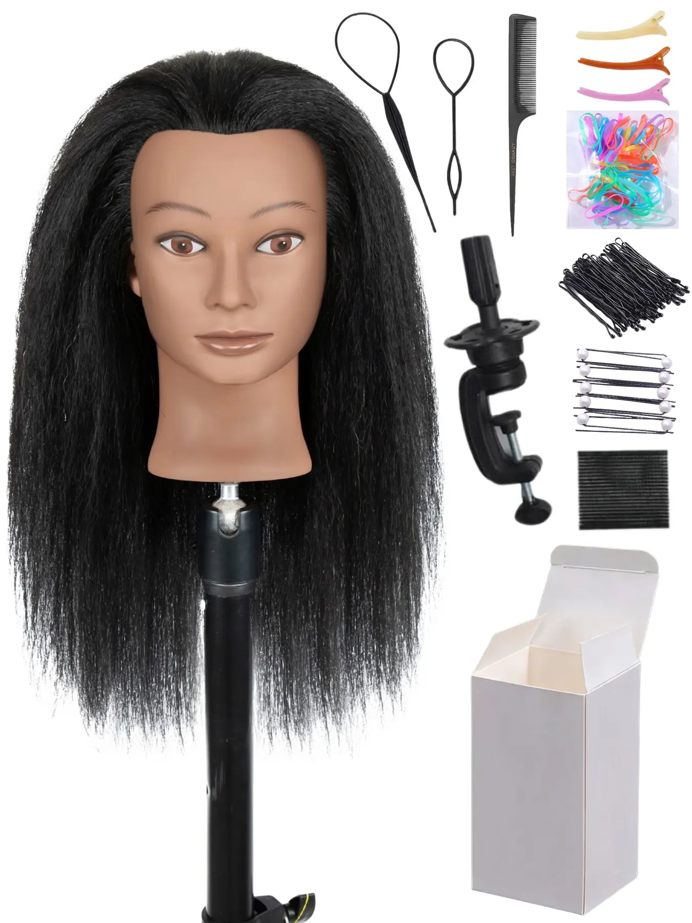 Hair Tool Kit & Practice Mannequin Head with 100% Real Human Hair, Suitable for Braiding, Styling, Curling and Cutting, Accessories