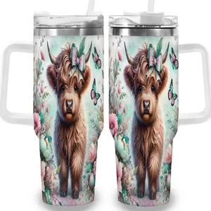 1pc 40oz Magical Highland Cow and Floral Pattern Tumbler with Lid, Insulated Travel Mug, Gift for Women Men, Ideal for Halloween, Independence Day, Memorial Birthday Gift, Coffee Cup, weird stuff,Perfect Earth Day Spring Gardening Mother's Day