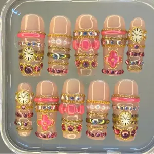 Vintage Jewelry Stack Press On Nails Nude Base Gold Chain Details Pink Enamel Rings Crystal Accents Watch Charm Inspired Handmade Statement Nail Set