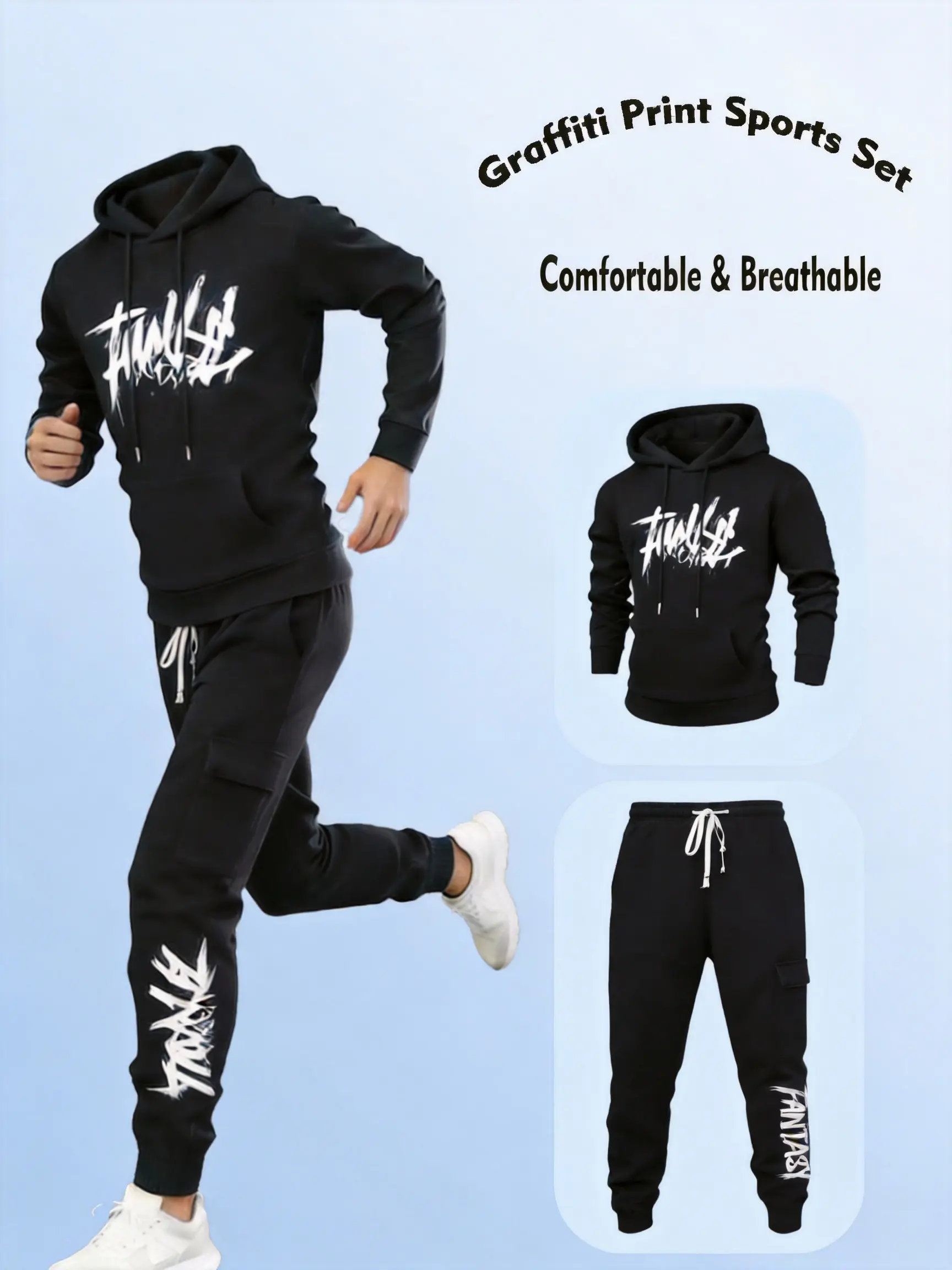 Men's Vintage 2-Piece Graffiti Letter Print Loungewear Set - Warm Hooded Long Sleeve Pullover, Cozy Drawstring Jogger Pants, Normal Type, Male Menswear, Casual Athletic, Fitted, Machine Washable, Cold Wash Compatible, XXL Option