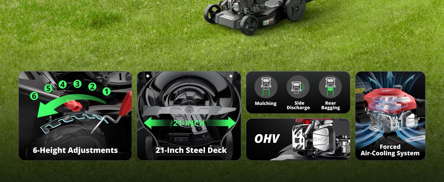 AMERISUN 21" Gas Push Lawn Mower, Rugged Steel Deck, 3-in-1 Versatile Mower, 144cc OHV Engine, 6-Level Height Adjustment, Large Grass Collector, Easy Maneuverability for Home & Garden(AV8621P1), reel mower, fly mower