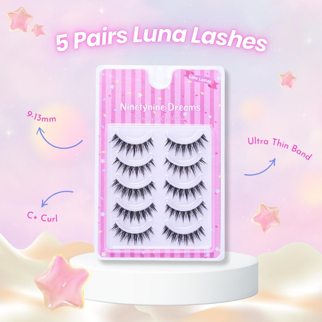 Ninetynine Dreams 5 Pairs Luna Lashes | Lightweight Soft Semi-Dramatic Strip Lashes, Ultra-Thin Transparent Clear Band Daily False Eyelashes Strips 9-13mm C Curl — Reusable Spiky Wispy Anime Manhua Style, Beginner Friendly Must-Have Makeup Essential