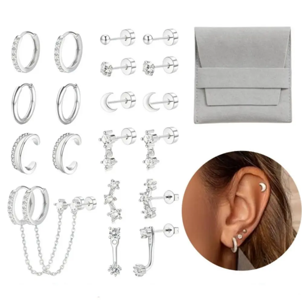 20pcs Luxurious Women Hypoallergenic Earrings Set with Storage Bag Exquisite Shiny Star Stainless Steel Flat Back Stud Earrings Dainty Stackable Stud Earrings Chain Inlaid Cubic Synthetic Zirconia Party, Music Festivals, and Holiday Wear Accessories
