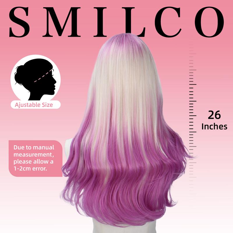 SMILCO/28Inch Pink/Orange Platinum Highlights with Bangs Long Synthetic Wig for Cosplay and Festivals/SM393