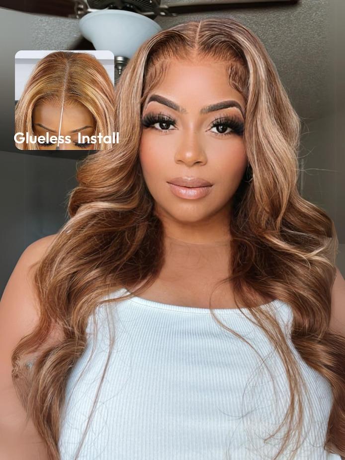 UNice Glueless Honey Blonde Highlights Body Wave Wig With Drawstring Pre Cut 7x5 HD Lace Closure Human Hair Wigs with Bleached Knots Beginners Friendly Ready and Go