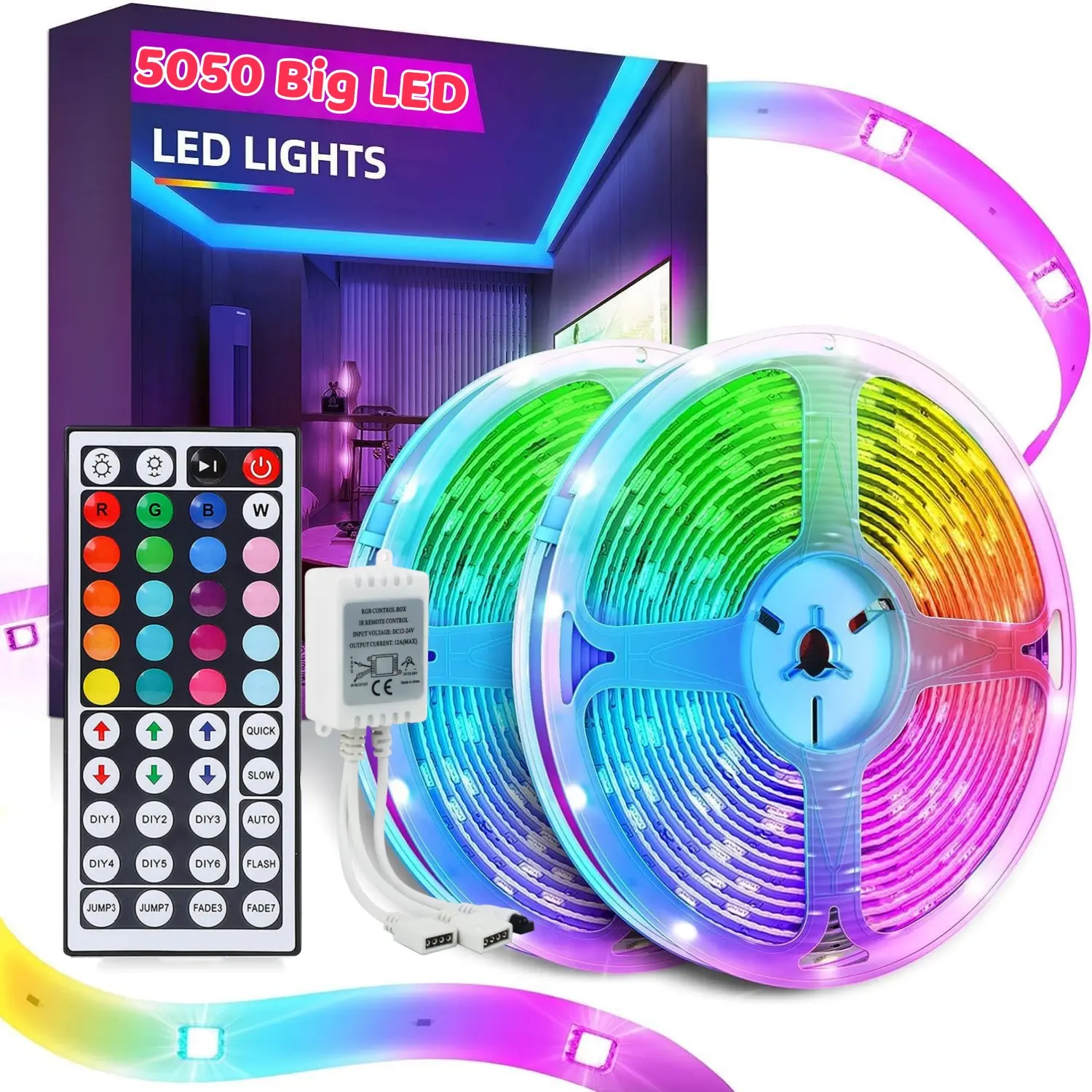 5050 RGB LED Strip Lights 33FT SMD Flexible LED Light Strip Rope + 44Key IR Remote Controller for Bedroom TV Backlight Christmas Valentines