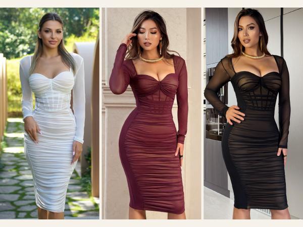 CurvySweet Mesh Midi Dress for Women High Stretch Seamless Bust Design Shaping Elegant Comfortable for Parties and Casual Wear Long Sleeve Minimalist Fit
