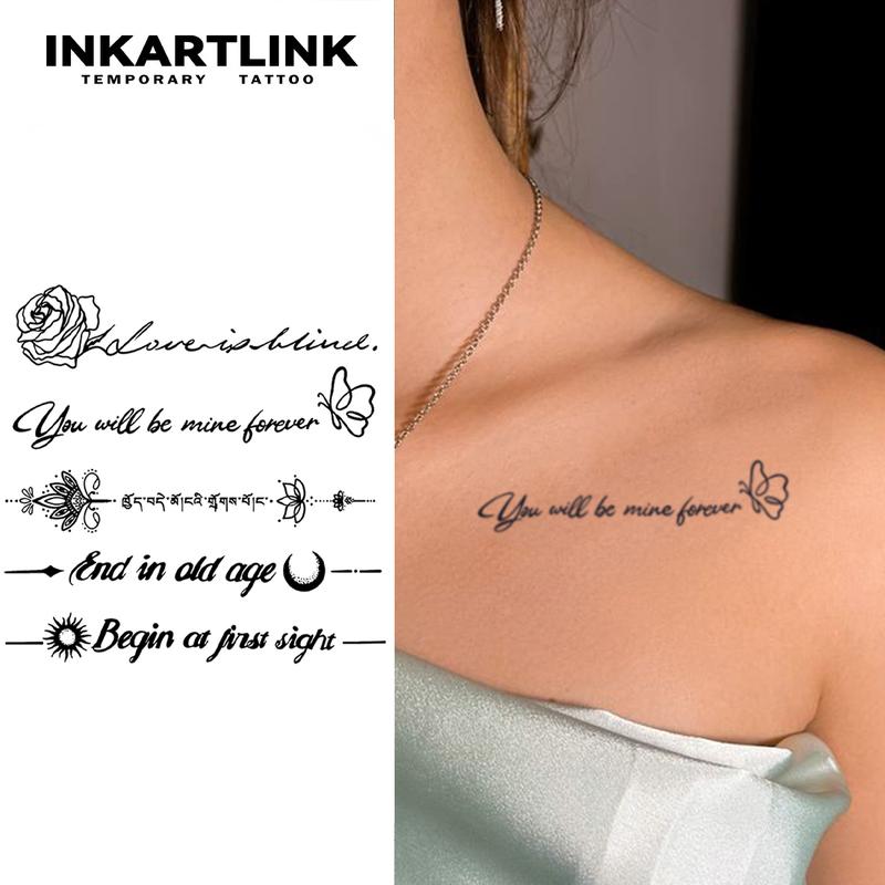 INKARTLINK Tattoo Tech, 2 Sheets Extra-Large Semi Permanent Tattoo, Adult Art Design Temporary Tattoos, Lasts 1-2 Weeks, Waterproof, Realistic Look, No Adhesive, No Reflection (Flower Quotes Design)