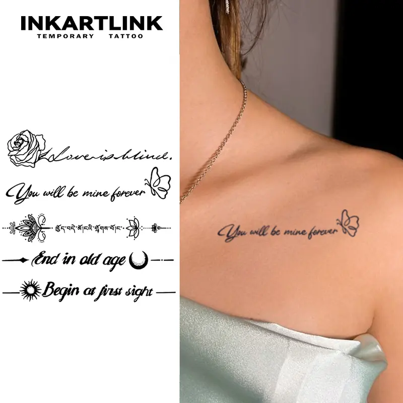 INKARTLINK Tattoo Tech, 2 Sheets Extra-Large Semi Permanent Tattoo, Adult Art Design Temporary Tattoos, Lasts 1-2 Weeks, Waterproof, Realistic Look, No Adhesive, No Reflection (Flower Quotes Design)