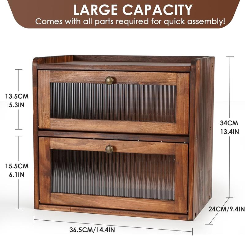 2-Tier Wooden Bread Box for Kitchen Countertop, Large Capacity Bread Storage Container with Clear Acrylic Window & Ventilation Holes, Brown Finish Bread Keeper for Loaves, Pastries & Baked Goods