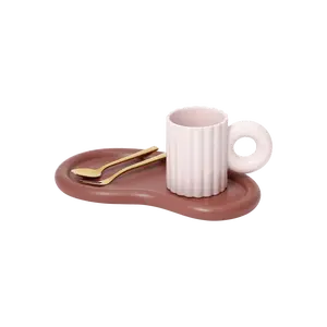 Francfranc Potte Matte Mug & Saucer Set - Pastel Pink & Brown Ceramic Coffee Cup & Tea Plate, Japanese Aesthetic Drinkware for Home Kitchen