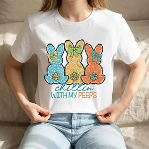Casual Cotton Round Neck Short Sleeve T Shirt with Easter Bunny Design and Chill With My Peeps Graphic Summer Machine Washable Non ShrinkMade in USA