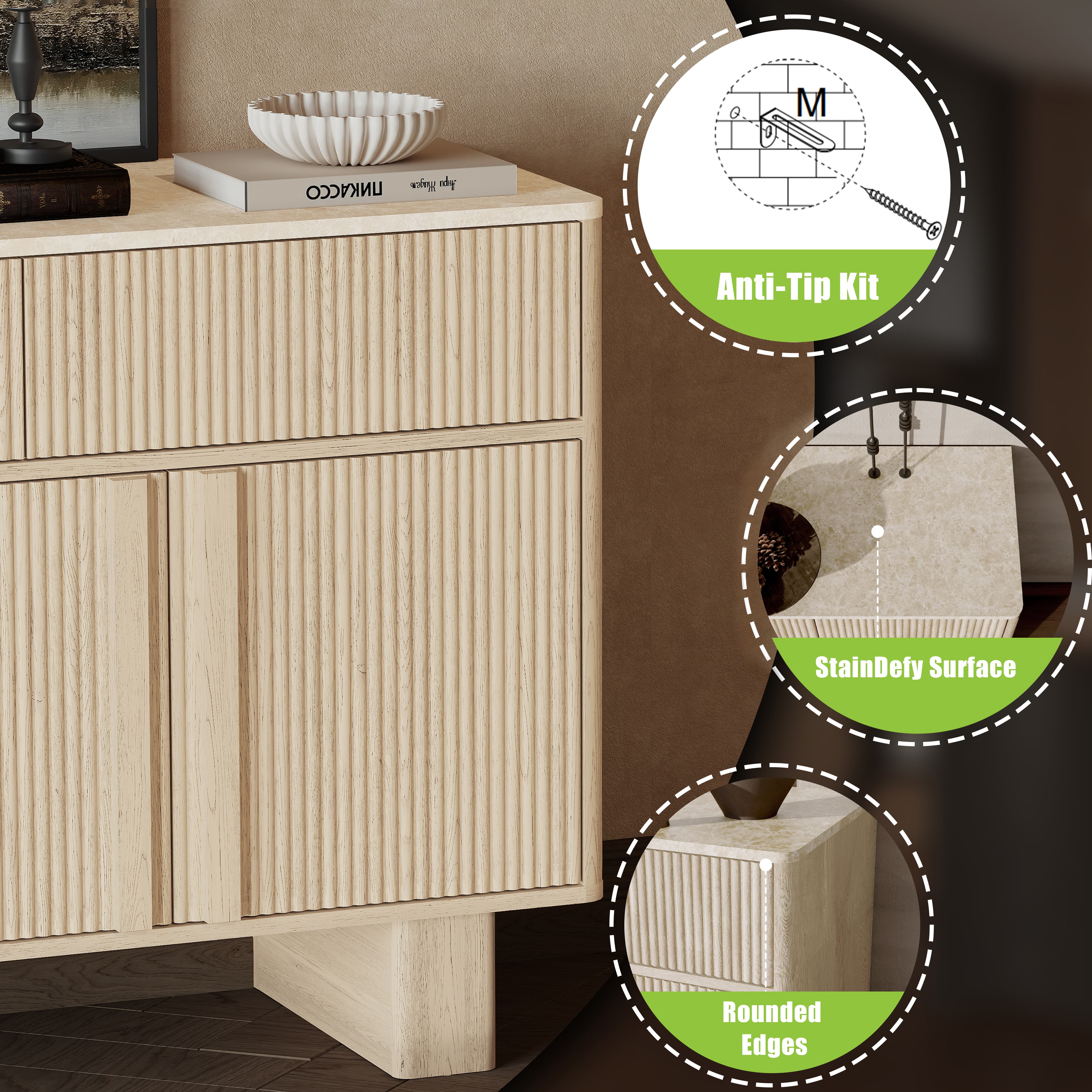 Modern Buffet Cabinet with Storage, 63" Wide Sideboard Cabinet with 3 Drawers and 4 Doors, Reinforced Wide Legs for Kitchen & Living Room, Natural Oak