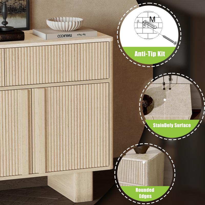 Modern Buffet Cabinet with Storage, 63" Wide Sideboard Cabinet with 3 Drawers and 4 Doors, Reinforced Wide Legs for Kitchen & Living Room, Natural Oak