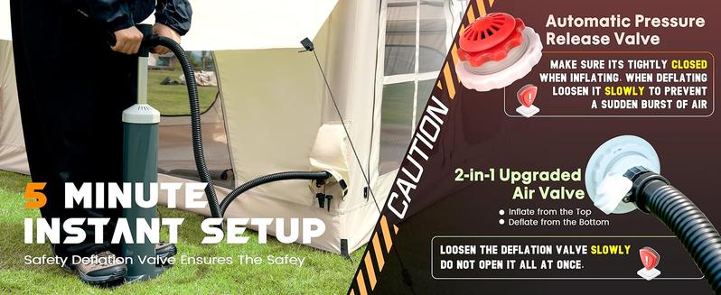 SENLEETO 4-Season Inflatable Family Tent AC Ready with Stove Jack Windproof Oxford Fabric Camping Pump for 8-10 People Spacious Two-Room Layout Foldable Electric Scooter Seat and Storage Stadium Back Support Port Heavy Duty Double Layer Cot Chair Cooler B
