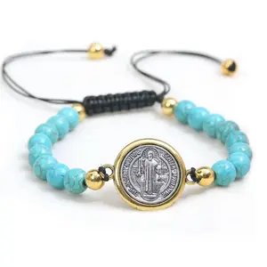 Pulsera artesanal con medalla de San Benito, rosario trenzado, moneda, cruz con cuentas, pulseras clásicas de oración, joyería religiosa católica