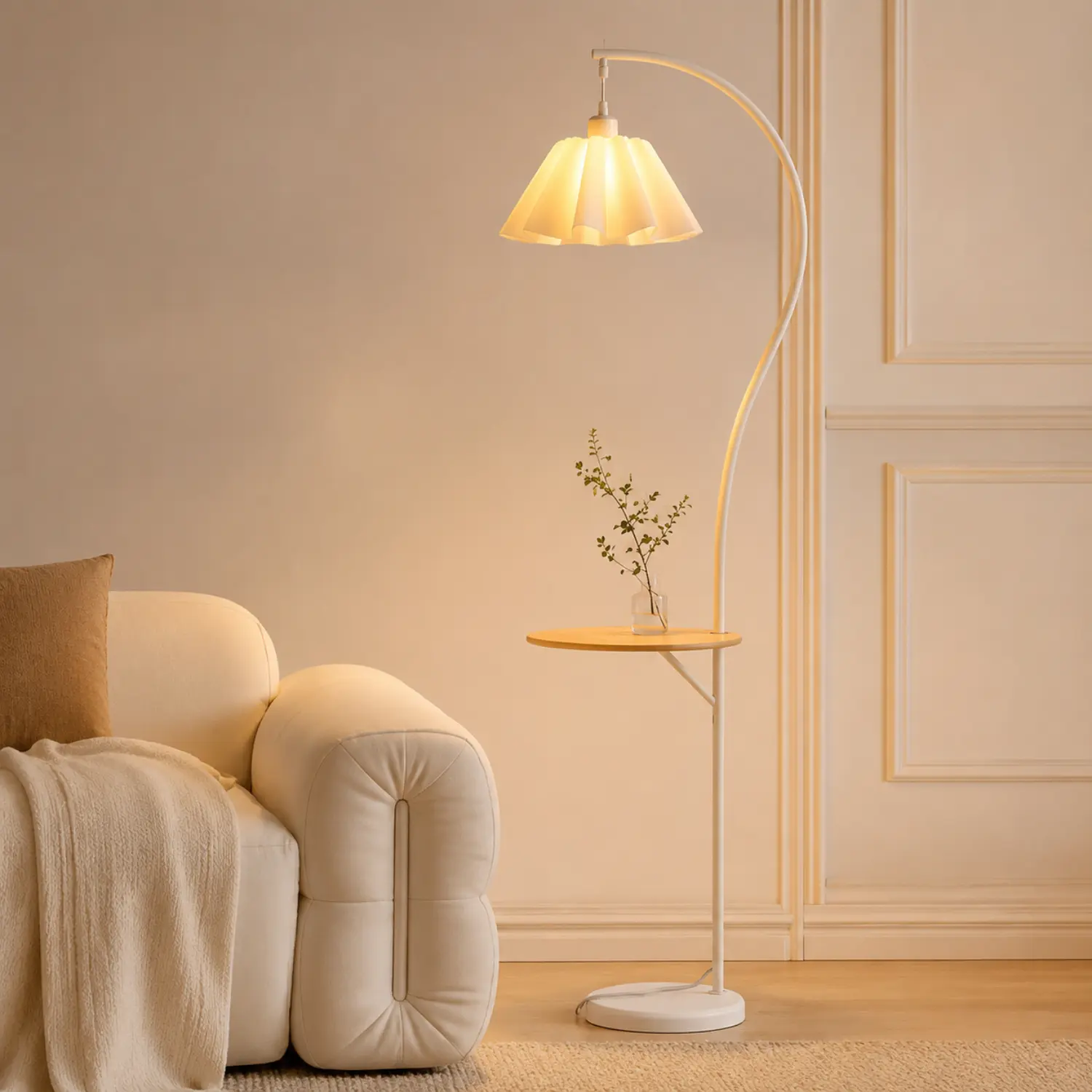 MATULSA Boho Floor Lamp with Side Table, Bedroom Standing Lamp with Foot Switch, Farmhouse Arc Lamp with Marble Base & Pole, Perfect Home Décor Lighting