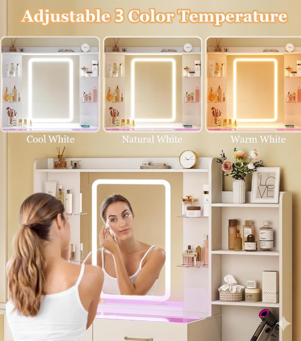 Vanity Desk with Mirror and LED Lights, 57.5" Makeup Vanity with Glass Top, Vanity with RGB Drawers, Power Outlet Safety Switch for Bedroom, White