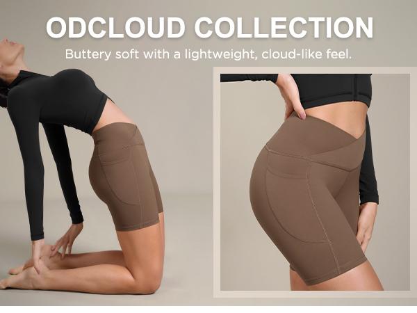 ODODOS Cloud Feeling Cross Waist Yoga Shorts with Pockets for Women, 6" Crossover High Waist Lounge Biker Shorts