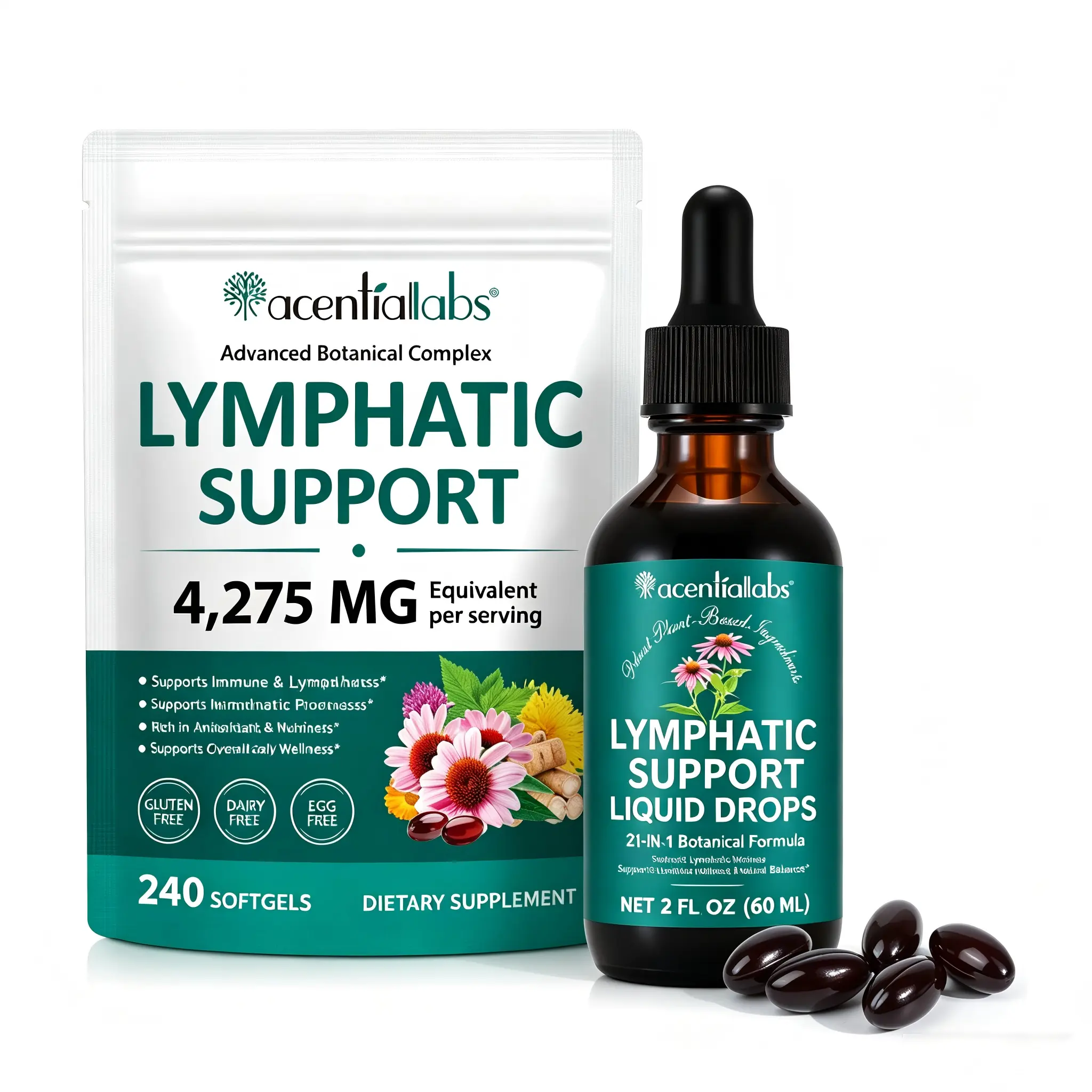 [The Ultimate Duo] Acentiallabs Lymphatic Support Complex - 4275MG Softgels & 21-in-1 Liquid Drops Set - Natural Detox, Immune Boost & Fluid Balance - 240 Softgels + 2oz Drops campingessentials, Lymphatic Drainage, Supplement Stack sohochic