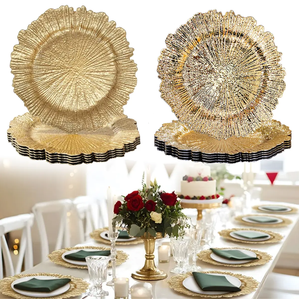 MAONAME Gold Charger Plates Luxury Reef Plating Plate Charger - 13" Round Plates,Plastic Table Charger for Wedding Dinner Party Decor (12-96pcs set)