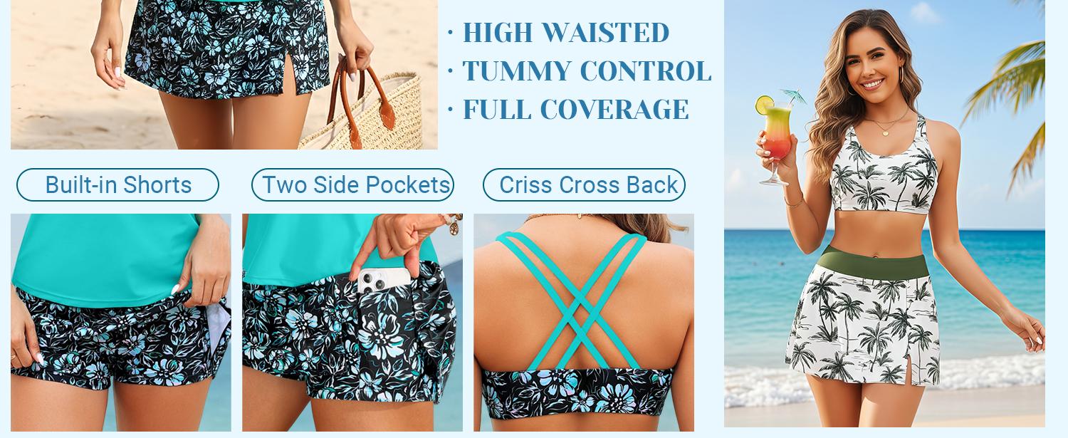 Daci Womens Three Piece Tankini Swimsuits with Skirt - Tummy Control Bathing Suit Swim Tank Top Sport Bra Athletic Swimwear