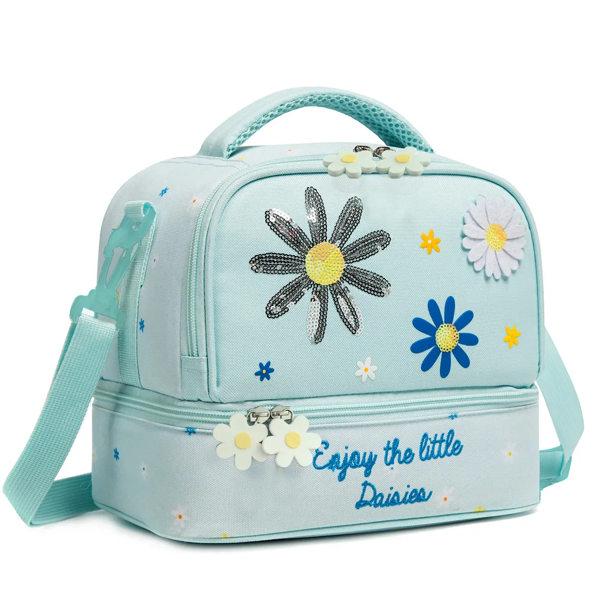Portable Work Lunch Bag for Women Large Water-Resistant Insulated Lunch Bag with Daisy Embroidery and Adjustable Strap-Lunch box not included Embroidered