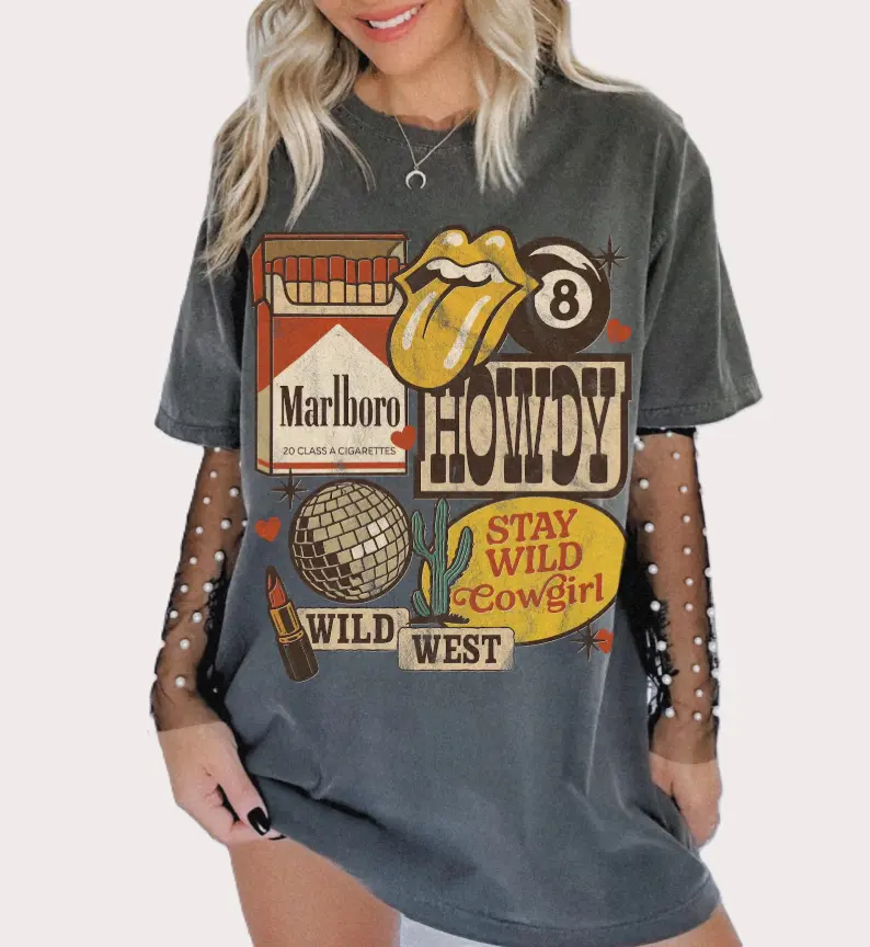 Comfort Colors Howdy Western Collage Tee, Disco Cowgirl Shirt Rodeo 90s Grunge Streetwear Retro Baddie Top Boho Hippie Funky Wild West Shirt