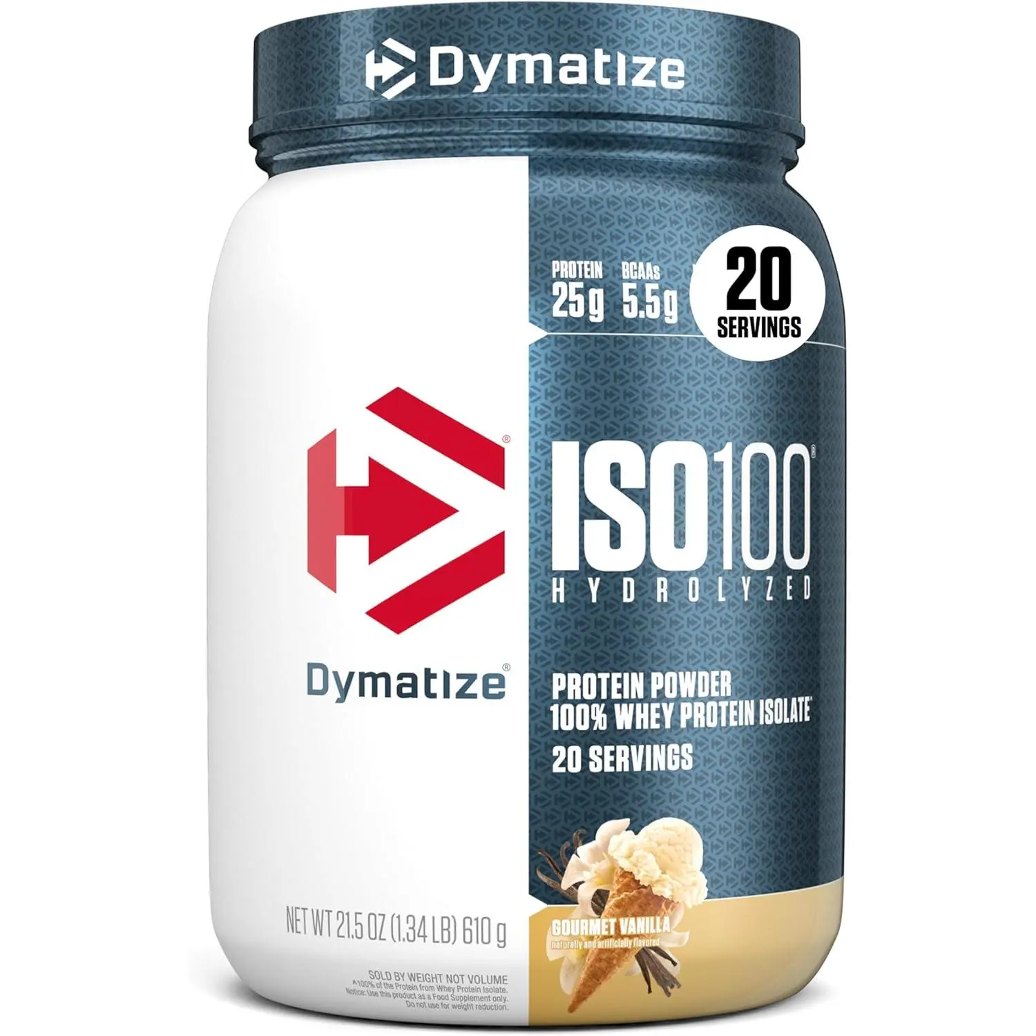 Dymatize ISO100 Whey Protein Powder Isolate, Gourmet Vanilla , 25g of Protein, 5.5g BCAAs, Less Than 120 Cal., Gluten Free, 1g Fat, 1g Sugar, 2g Carb (20 Servings), Fitness, Supplement