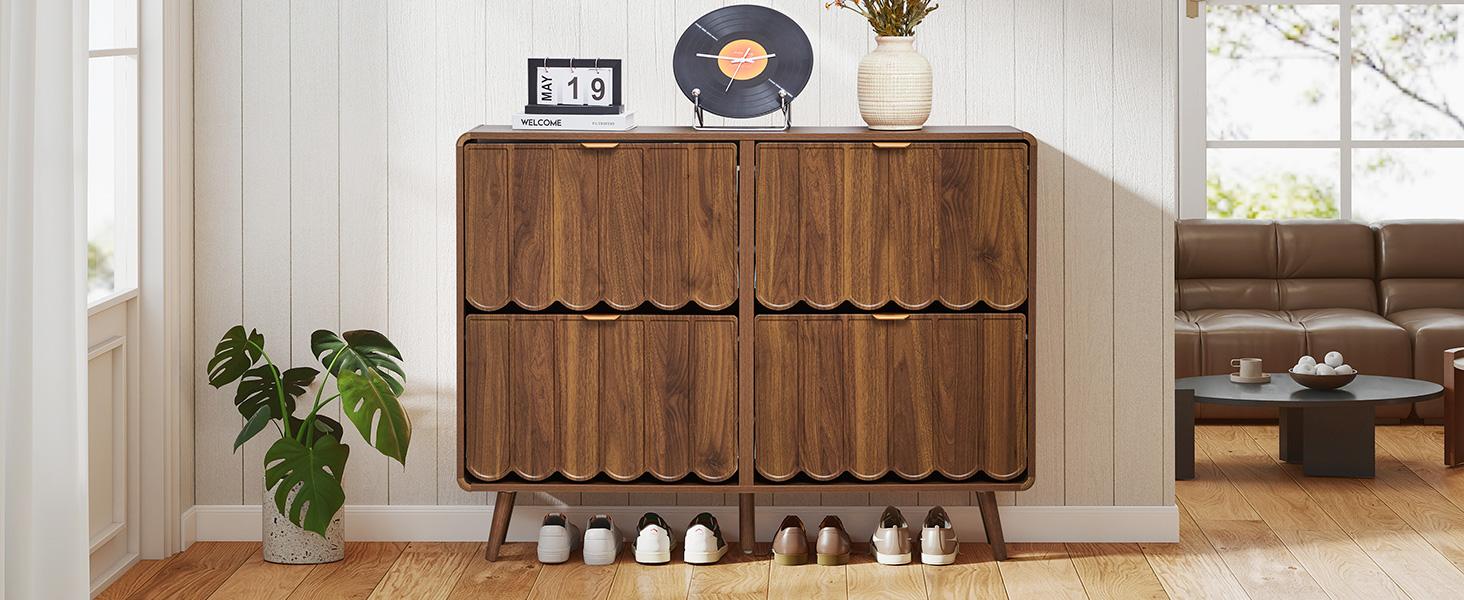 Giratree Shoe Storage Cabinet for Entryway with 2 4 Flip Drawers, Freestanding Narrow Wood Shoe Cabinet with Wave Panel, Hidden Shoe Organizer for Foyer, Hallway