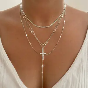 4pcs Silver Cross Rhinestone Snake Chain Tassel Necklace Set for Women Casual Daily Wear Modern Versatile Accessories